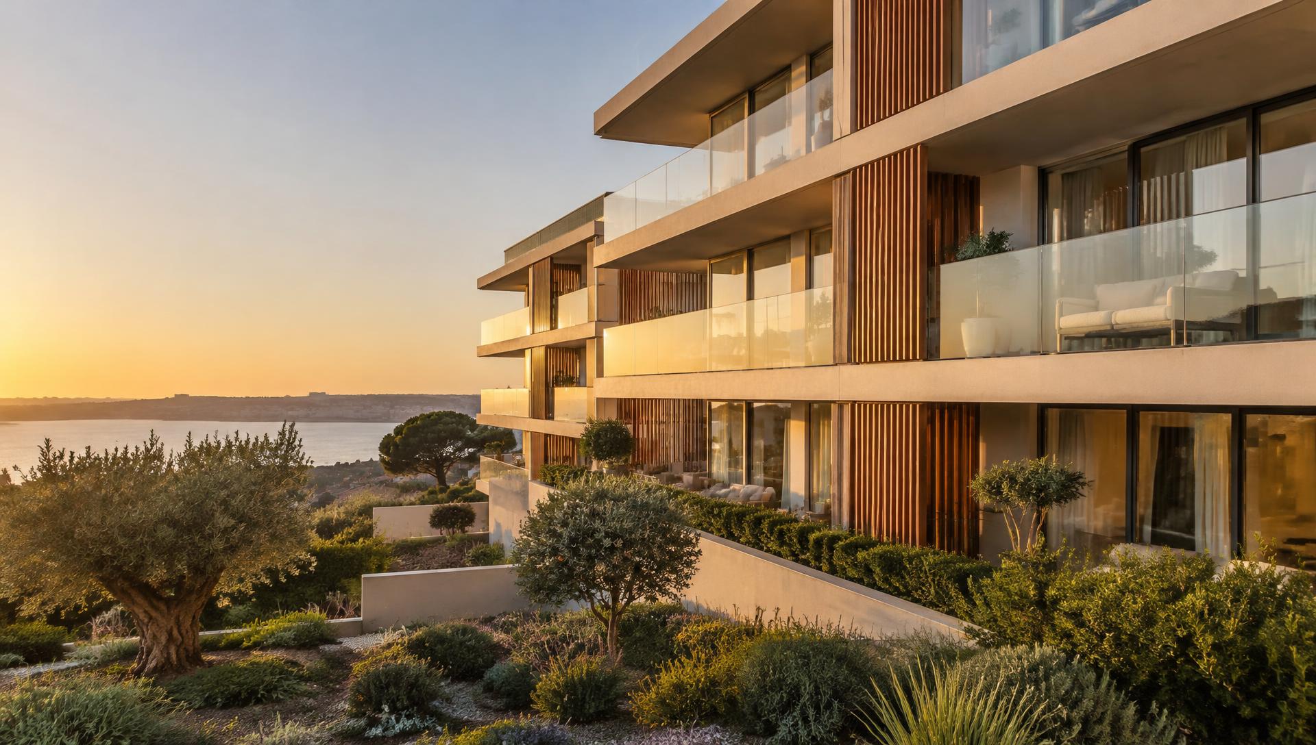 Empreendimento residencial moderno ao pôr do sol